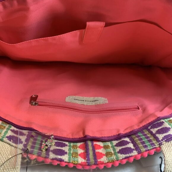 America & Beyond Rosebloom Butterfly Beaded Zip Tote Bag Handbag Pink Cream NEW - Picture 8 of 9
